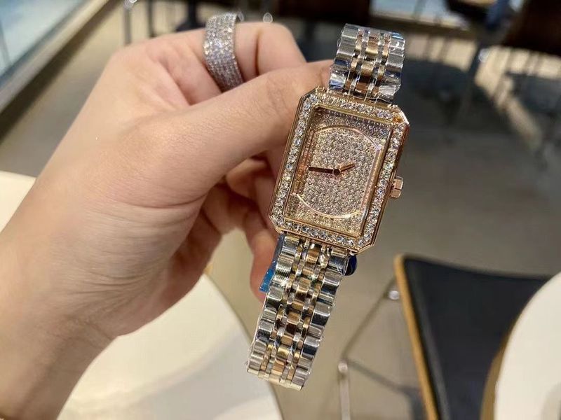 New light luxury women's Xiaoxiang the same full of diamonds three-color steel belt fashion full star diamond-set square quartz wristwatch_voghion.com