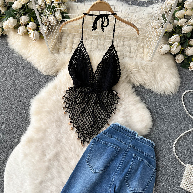 top a tubo con scollo all'americana cavo a rete irregolare + abito a due pezzi in jeans svasato a vita alta con bordo grezzo_voghion.com