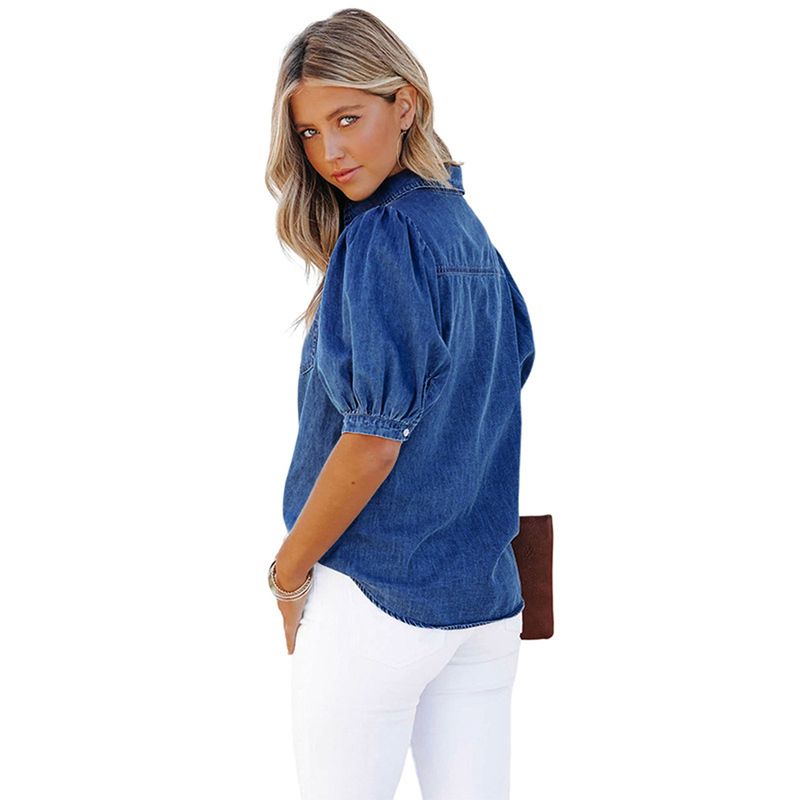 Nueva y versátil camisa vaquera fina con cuello vuelto y mangas princesa, top informal de moda para mujer_voghion.com