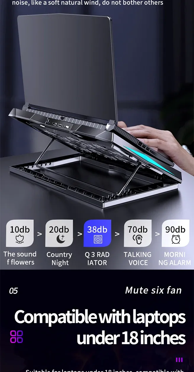 15,6-Zoll-Gaming-Laptop-Kühler mit sechs Lüftern, höhenverstellbar, leises Kühlpad, Computerständer für Laptops unten_voghion.com