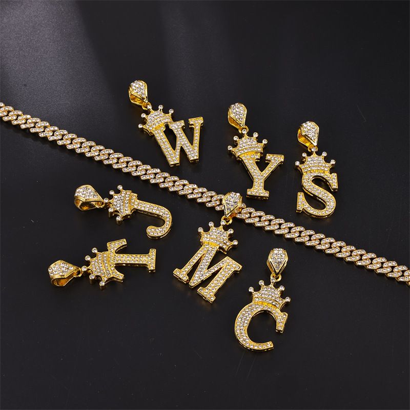Collana con lettera a forma di corona popolare in oro e argento per uomo e donna hip hop, con diamanti pieni, collana con lettera a forma di fiore, lotto di gioielli_voghion.com