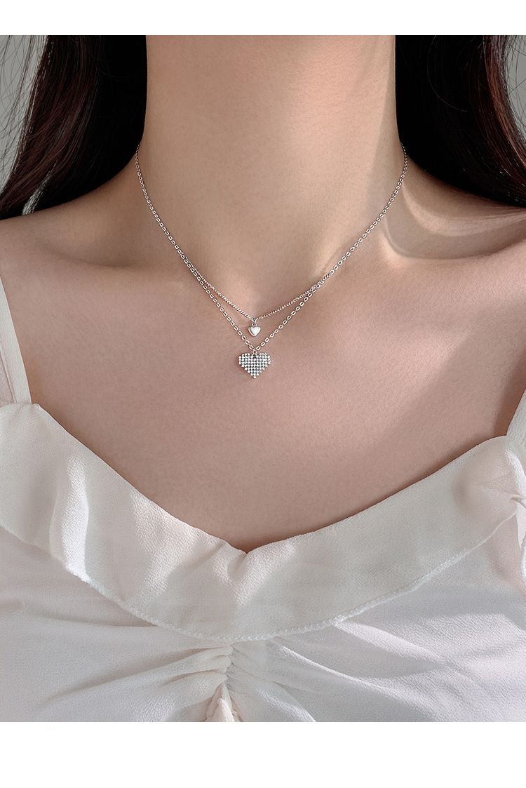 Silver Full Diamond Double Layer Heart Necklace Ins Design Sense, Niche Light Luxury Pendant, Collarbone Chain For_voghion.com