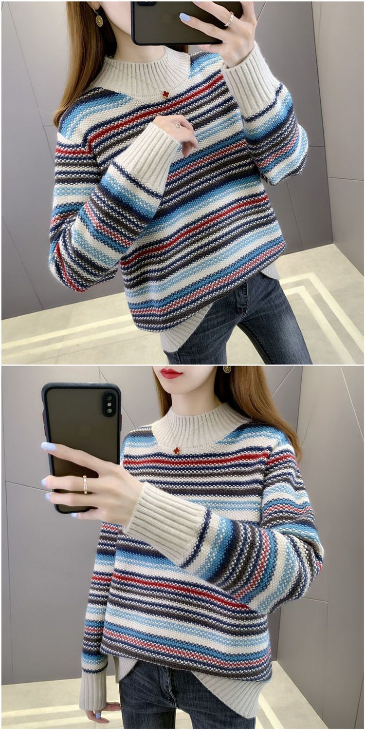 【 Cashmere Family 】 Lockerer und dicker Strickpullover für Damen mit halbhohem Kragen, gestreifter kurzer Wollbasis, Innenschicht_voghion.com