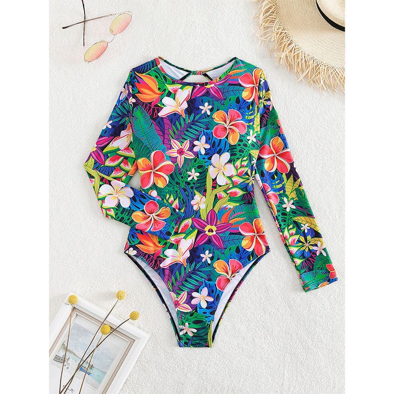 New Women's One Piece Swimsuit Long Sleeve Floral Print Backless Swimsuit Conservative Surfing Swimwear High Elasticity Polyester Spandex_voghion.com