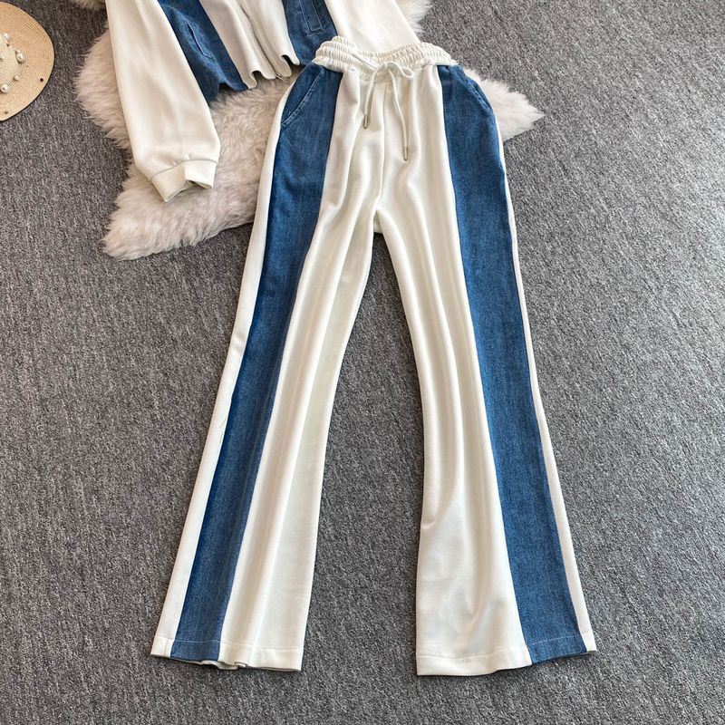 Dametøj Forår og efterår denim-søm sweaterjakkesæt med stående krave til kvinder sports- og afslappet moderigtigt jakkesæt i to dele_voghion.com