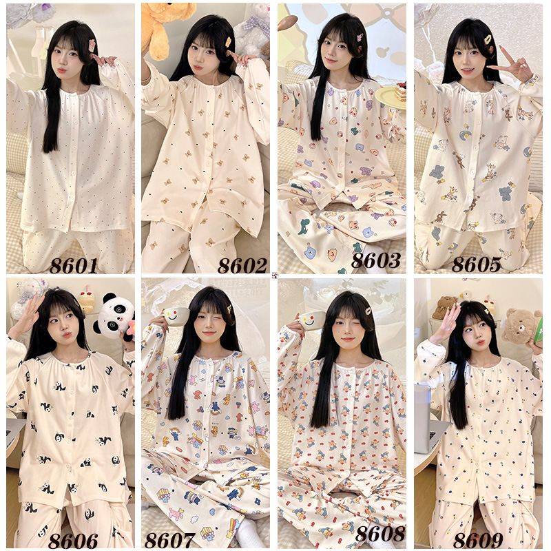 2024 Korean version autumn new cardigan double long printed sweet and comfortable cotton set pajamas women's_voghion.com