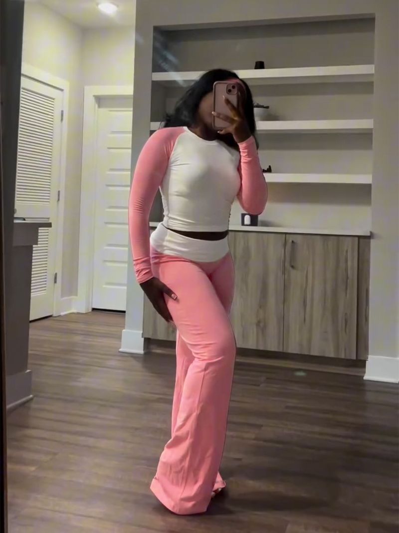 Y6058 New Women's Clothing Color-Block Tight High-Waist Folded Slim Fit Fleece-Lined Sports Yoga Pants Set_voghion.com