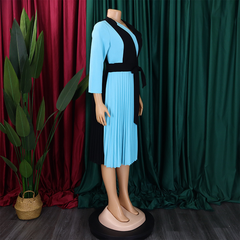 Women's fashion temperament color matching strap pleated skirt elegant_voghion.com