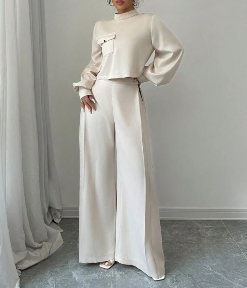 Women's Clothing casual half high collar lantern sleeves fashionable color matching wide leg pants suit_voghion.com