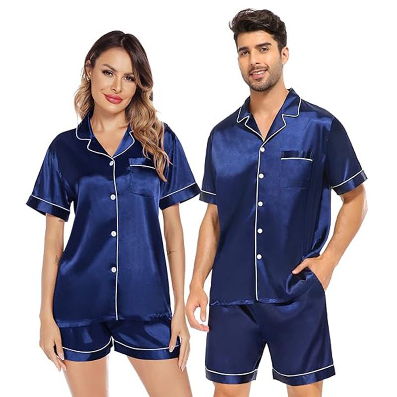 Pigiama da coppia in seta ghiacciata, da donna e da uomo, a maniche corte, in raso di seta, per la casa_voghion.com