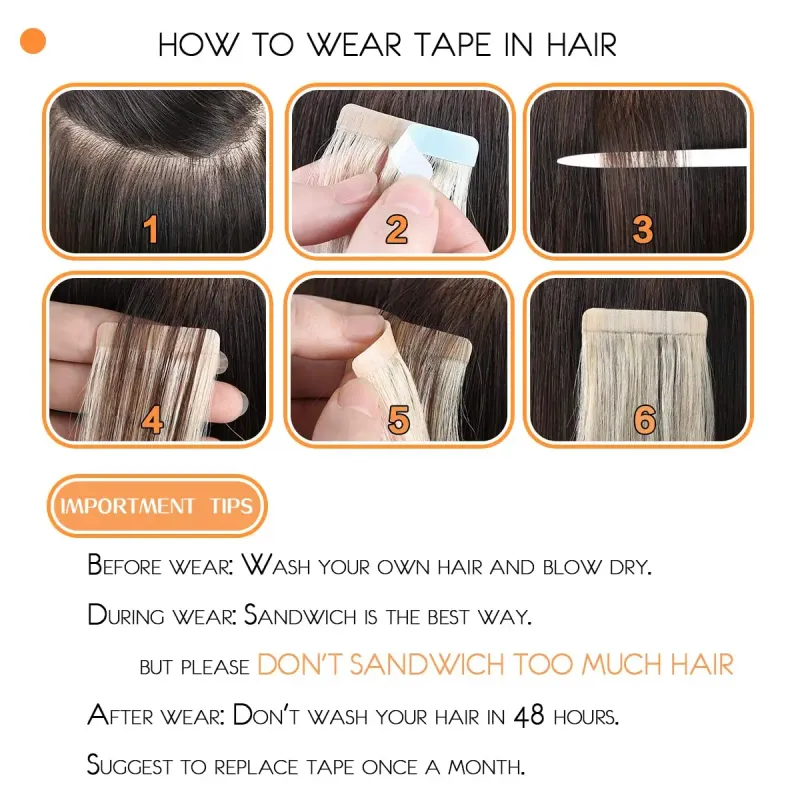 Extensiones de cabello humano con cinta adhesiva n.° 4, liso, Remy, sin costuras, trama de piel invisible, 20 unidades, 16 a 26 pulgadas_voghion.com