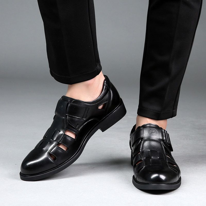 Atmungsaktive Hohlsandalen aus Leder für den Sommer, perforierte Herrenschuhe aus echtem Leder für Business und Freizeit, Klettverschluss für_voghion.com