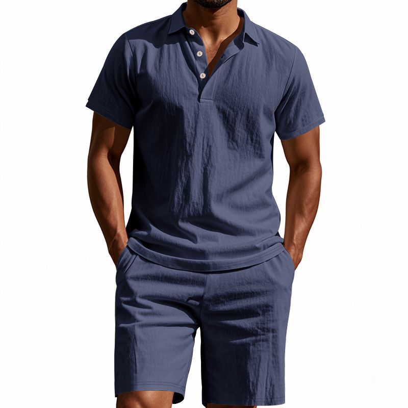 Ensemble polo et short de plage à manches courtes pour homme, style américain, ample, décontracté, respirant, en lin_voghion.com