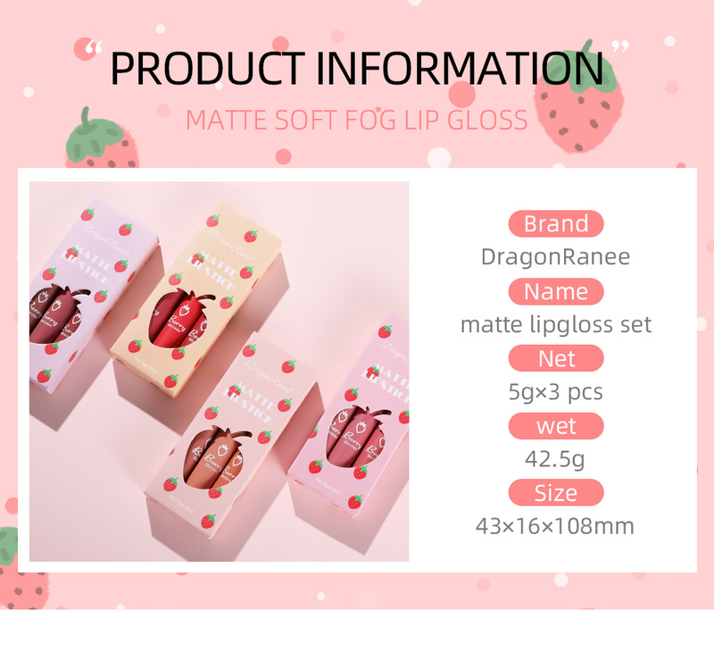 3-teiliges Set mit Erdbeermotiv – samtig-mattes Lipgloss- und Lippenstift-Set für Damen, nicht klebend, langanhaltend und eine bezaubernde Make-up-Kollektion_voghion.com