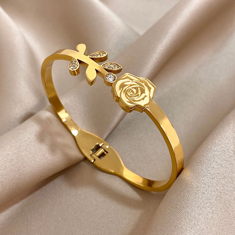 Bracciale rigido Greatera in acciaio inossidabile con doppio fiore per donna, braccialetti floreali in metallo color oro, gioielli da festa impermeabili_voghion.com