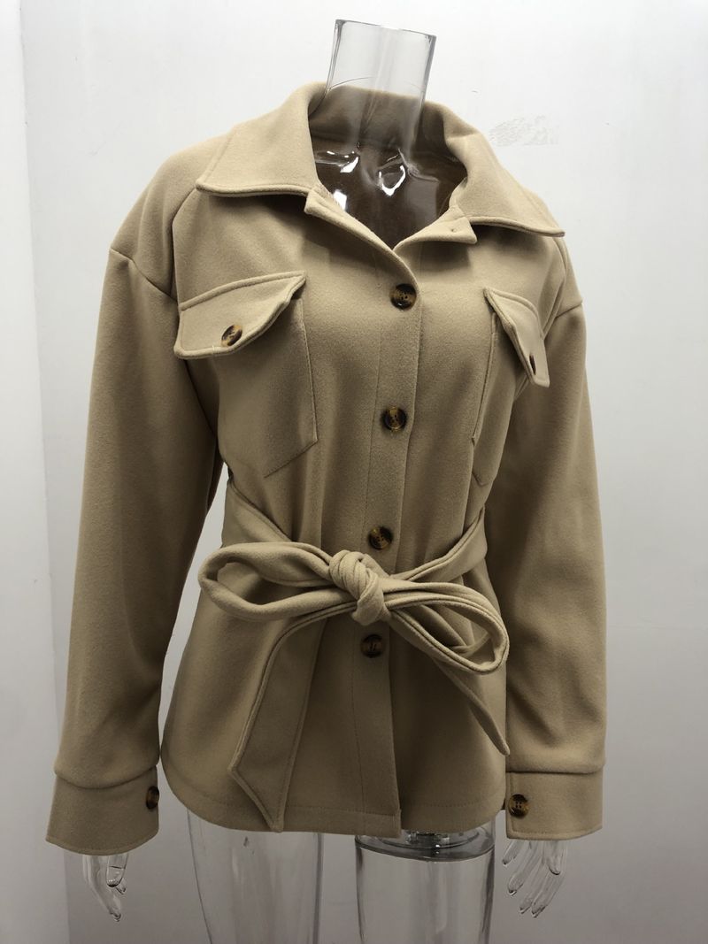 Women's Long Sleeve Temperament Solid Color Polo Button Lace Up Woolen Coat_voghion.com
