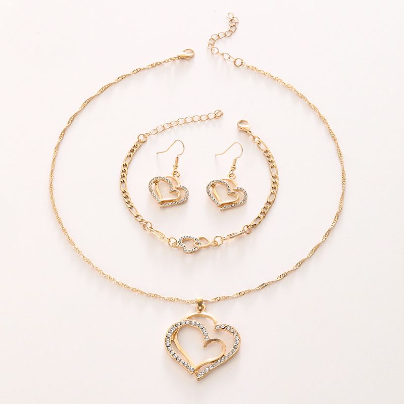 Schmucksets Neues Schmuckset Hochzeit Abendkleid Zubehör Doppelte Liebe Herzförmige Ohrringe Halskette Armband Spot_voghion.com