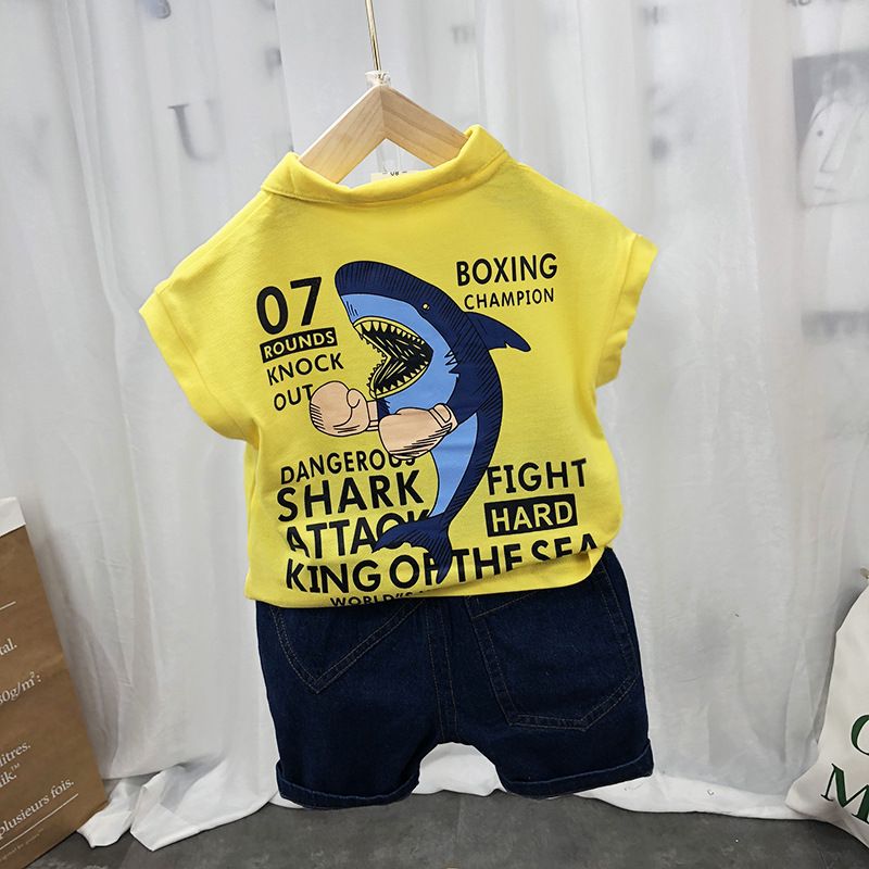 Ropa para madres y niños, novedad de verano, versión coreana para niños, camiseta con solapa, pantalones cortos, traje sin mangas con estampado de dibujos animados para niños_voghion.com