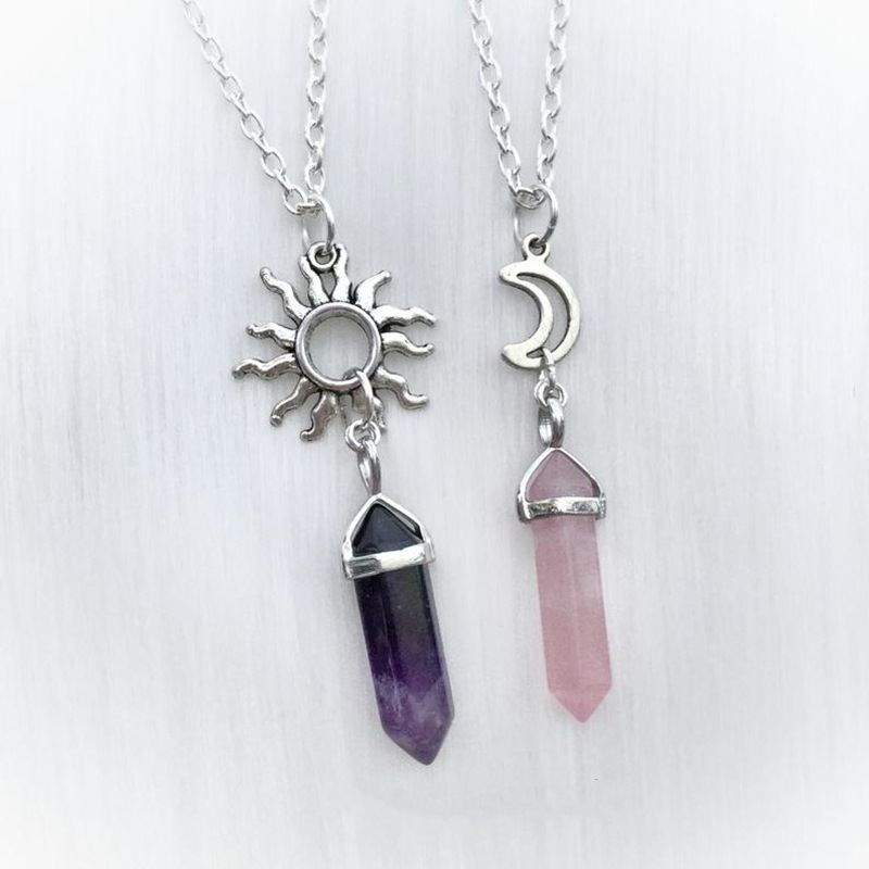 Necklaces 2-piece natural stone hexagonal column crystal pendant sun and moon charm best friend necklace_voghion.com