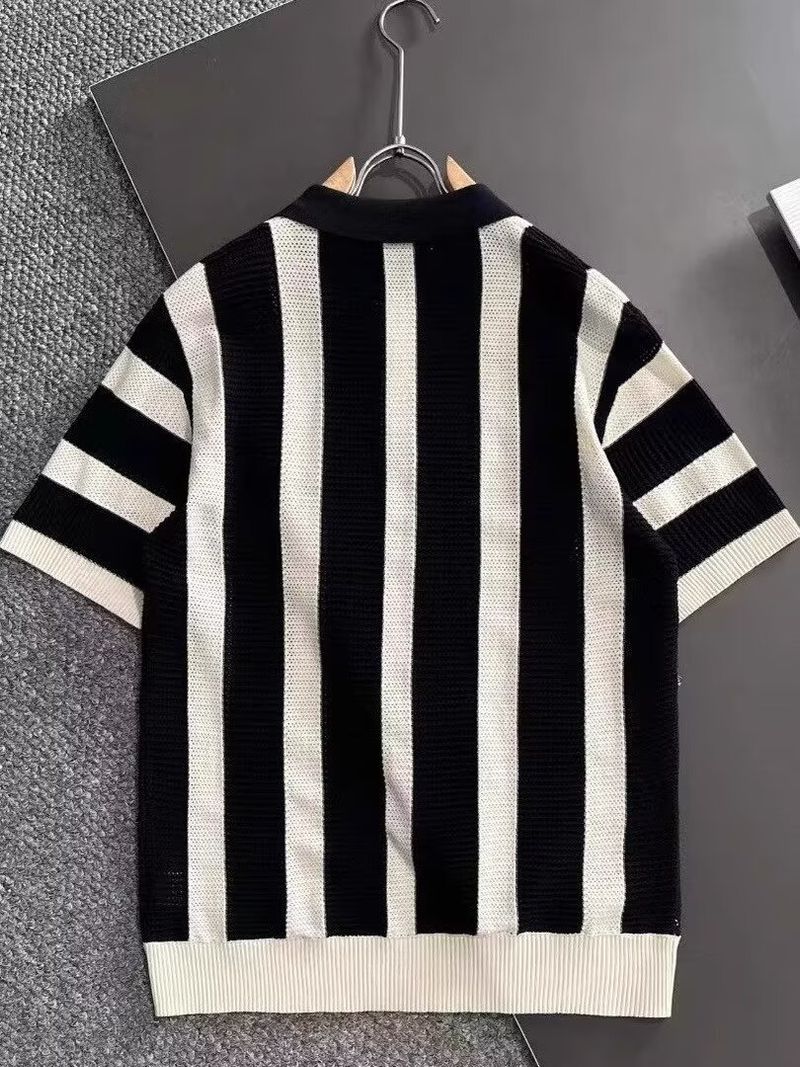 Maglietta a maniche corte a righe in maglia con risvolto a contrasto di colore, traspirante, alla moda e coordinabile._voghion.com