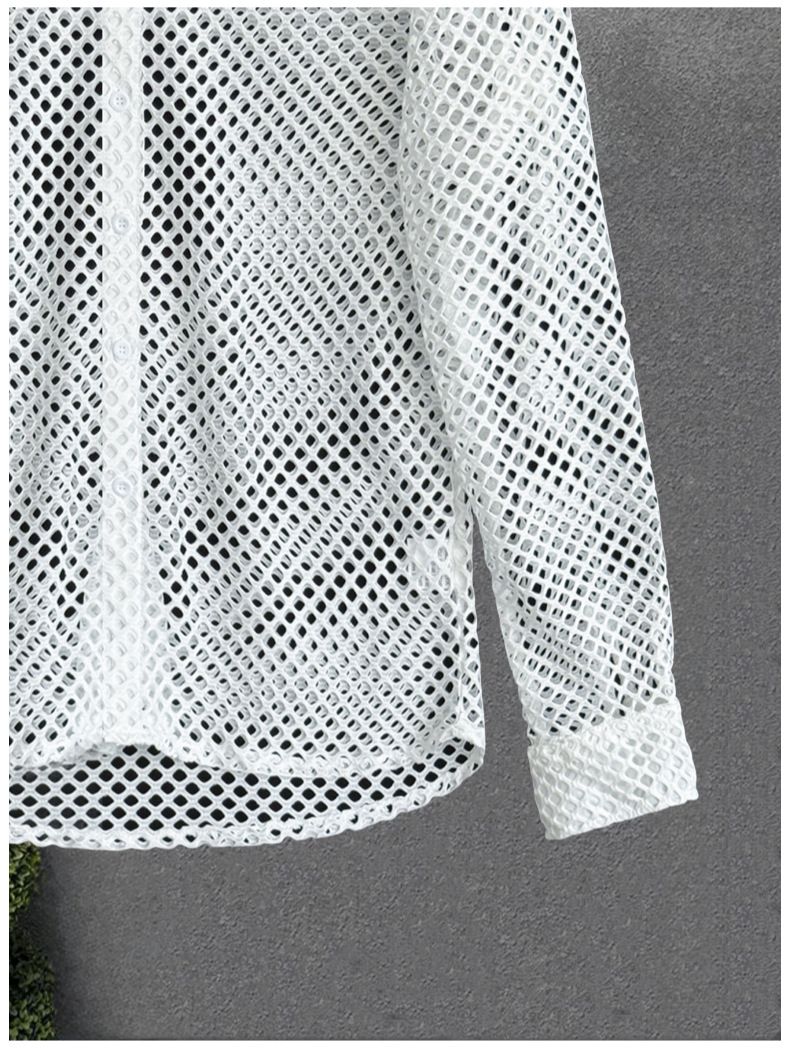 Camicia a maniche lunghe traforata in rete da uomo, elegante e traspirante, per il palco e lo streetwear_voghion.com