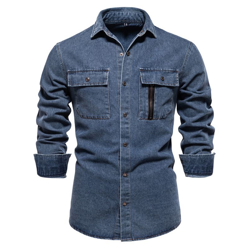 Herbst Neue Trend Europäischen Denim Herren Casual Einfarbig Baumwolle Langarm Gewaschen Hemd_voghion.com