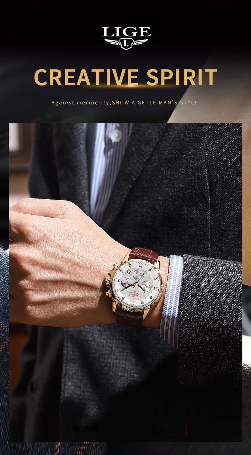 Herren Business Quarzuhr mit Mondphase, Kalender, wasserdicht, Edelstahl- oder Lederarmband_voghion.com