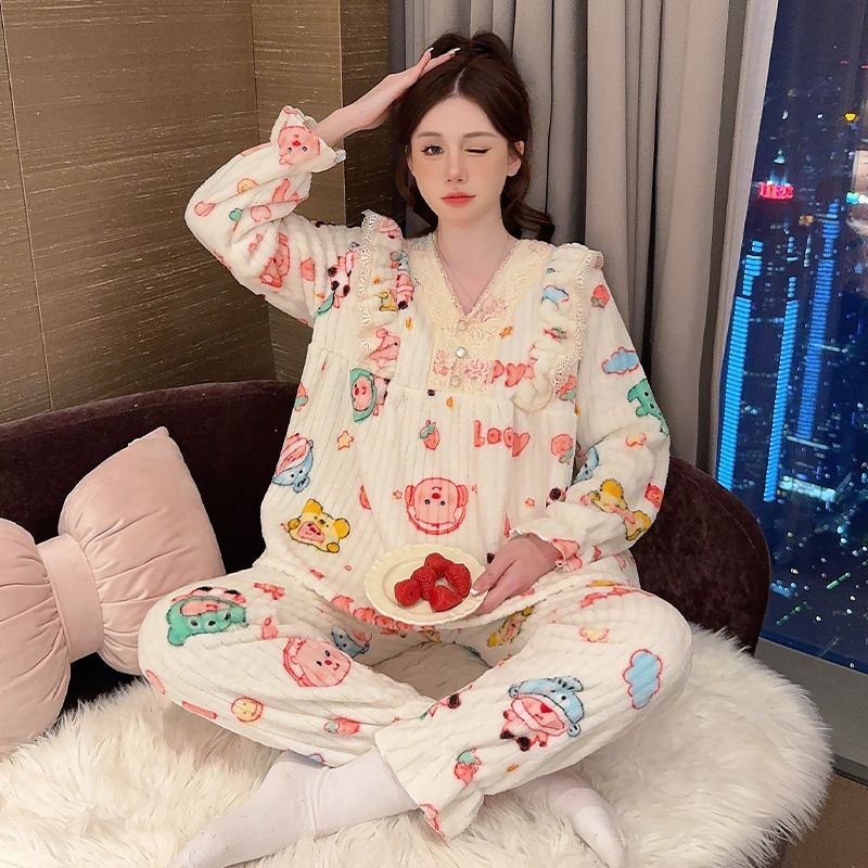 2024 Inverno Nuovo Lungo Peluche Jacquard Dolce Carino Set Largo Taglie Forti 250kg Vestiti da Casa Indossabili_voghion.com
