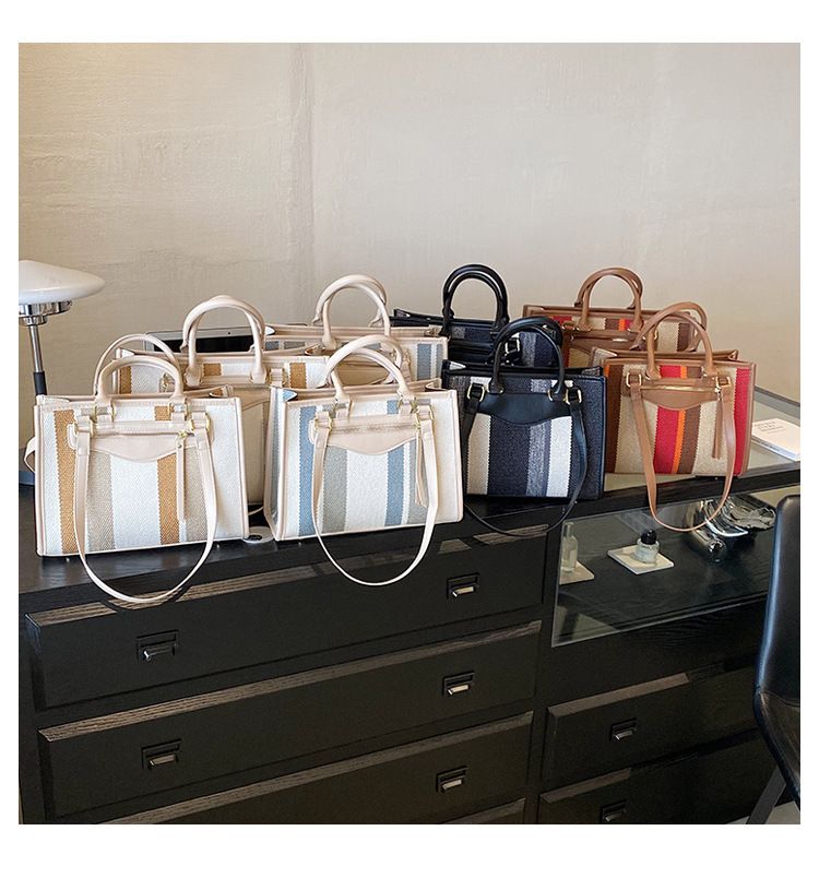 Baigou Luggage, Canvas Tote Bag, Women's 2024 New Contrasting Striped Handbag, Large Capacity Shoulder Bag_voghion.com