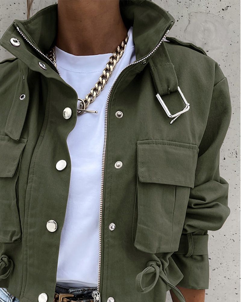 Damenbekleidung, stilvolle, britisch inspirierte Arbeitsjacke mit Kordelzug – langärmliger Freizeitmantel für Herbst und Winter (Khaki-Print, Armeegrün, Schwarz)_voghion.com