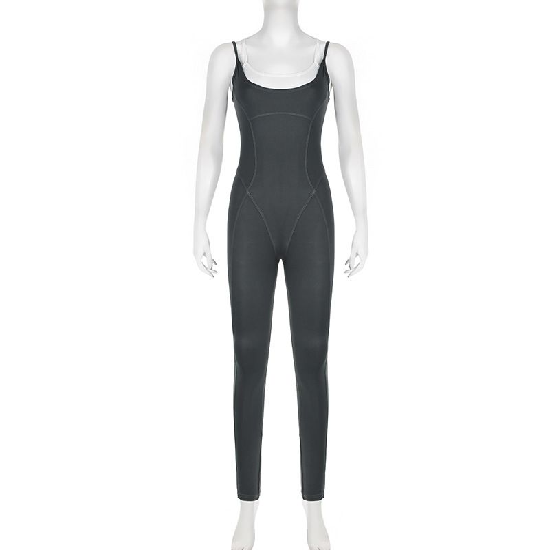 Combinaison deux pièces pour femme, couleur contrastée, col en U, dos nu, moulante, sport, yoga, petits pieds_voghion.com
