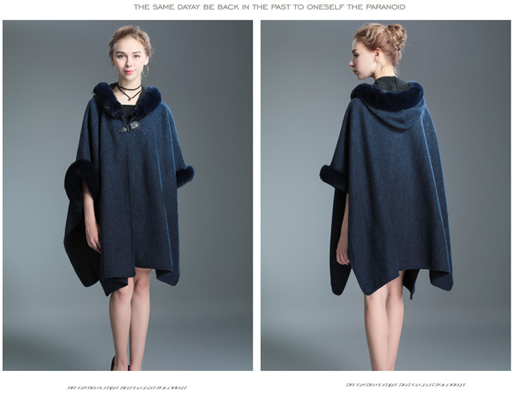 Women's imitation Rex rabbit collar hooded shawl cape large size woolen coat loose cardigan_voghion.com