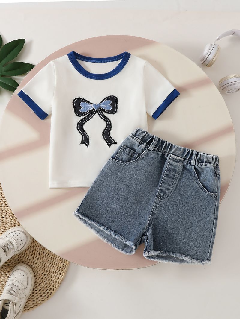 Vestiti estivi 2025 per ragazze, nuovi, con scollo rotondo, maniche corte, pantaloncini in denim con colori a contrasto._voghion.com