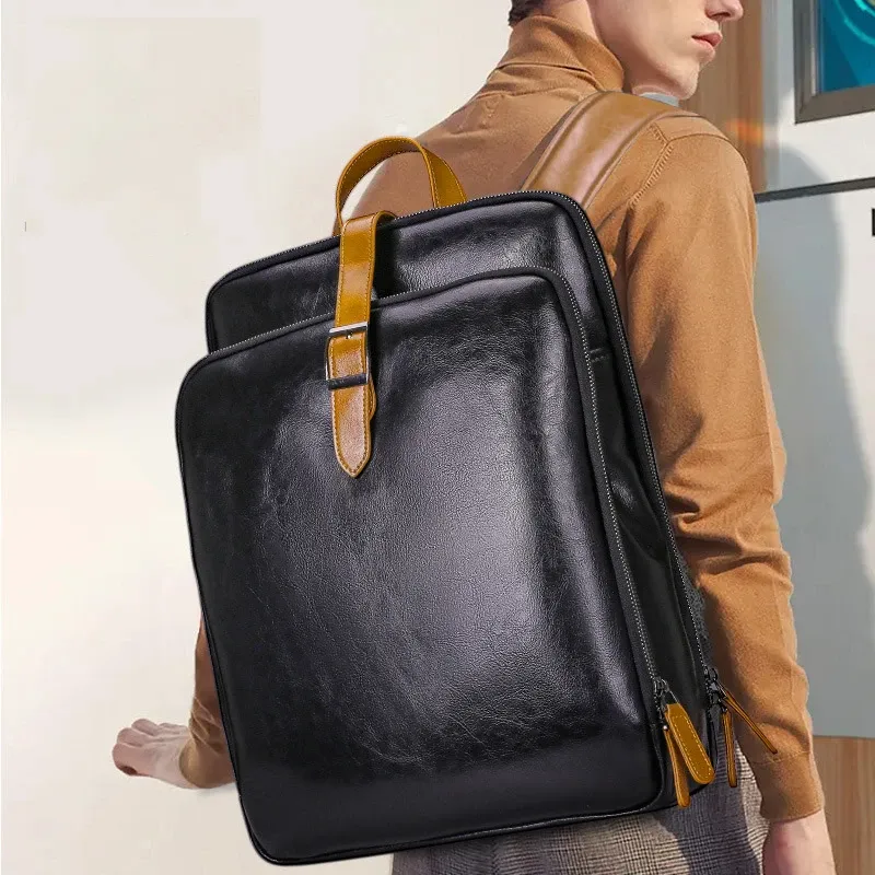 Wasserdichter Rucksack aus Leder im Modetrend, Computertasche, Unisex, mit mehreren Fächern und großem Fassungsvermögen_voghion.com
