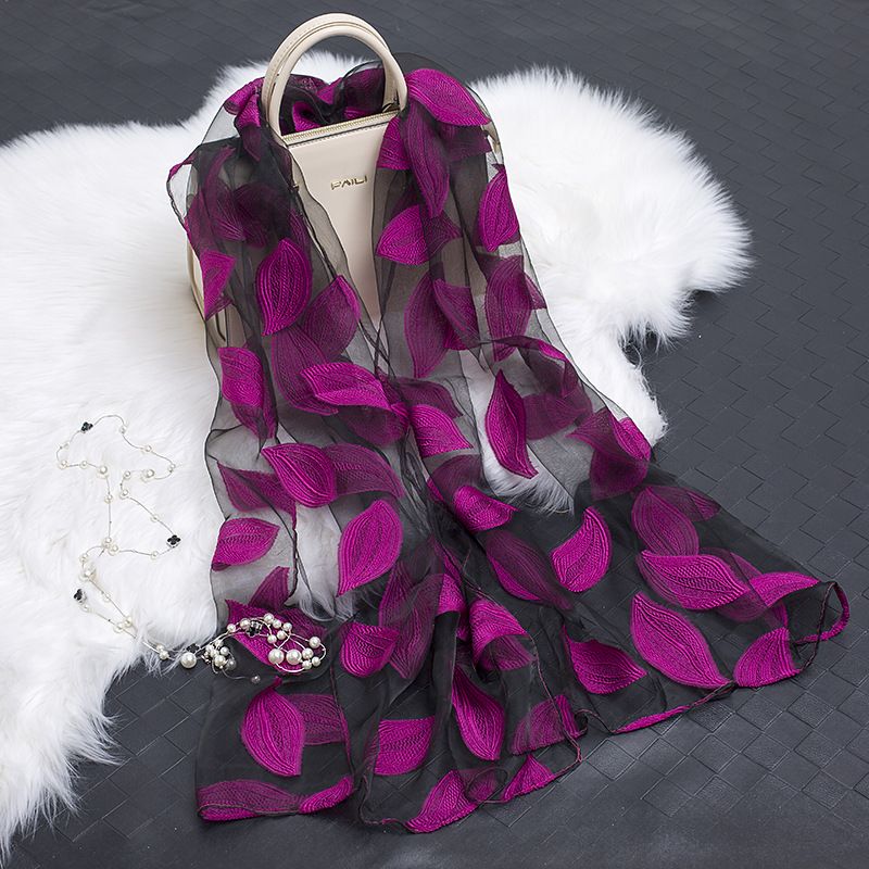 2024 Spring Summer Korean Version Organza Cut Flower Women Cotton Linen Lace Splicing Leaf Pattern Silk Scarf Shawl_voghion.com