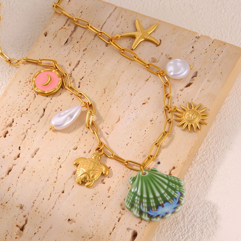 Necklace Women Golden Pendant Necklace Fashion Beach Style Turtle Conch Accessories For Women, Light Luxury High-End Feel, Non-Fading Titanium Steel_voghion.com