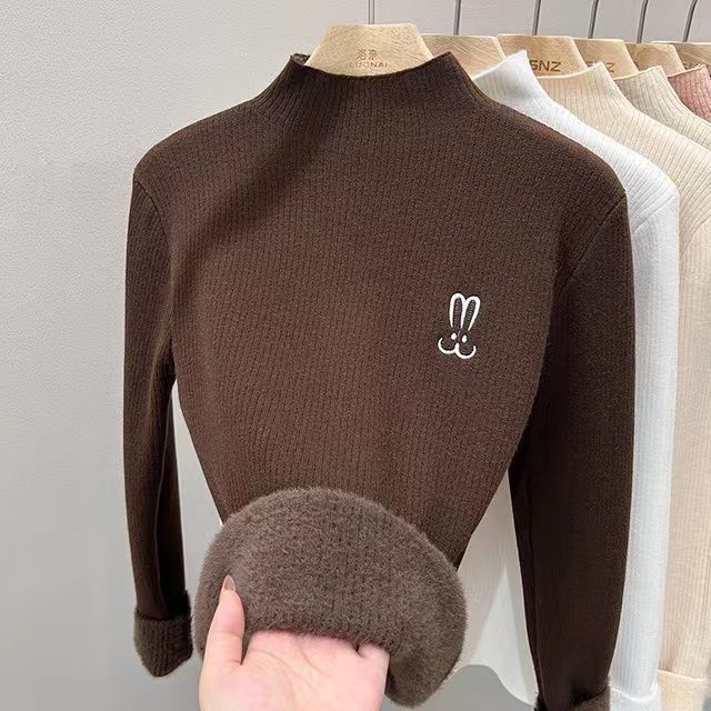 【 Cashmere Family 】 Women's Warm One Fleece Thick with Velvet Inner Embroidered Half High Collar Wool Base Sweater_voghion.com