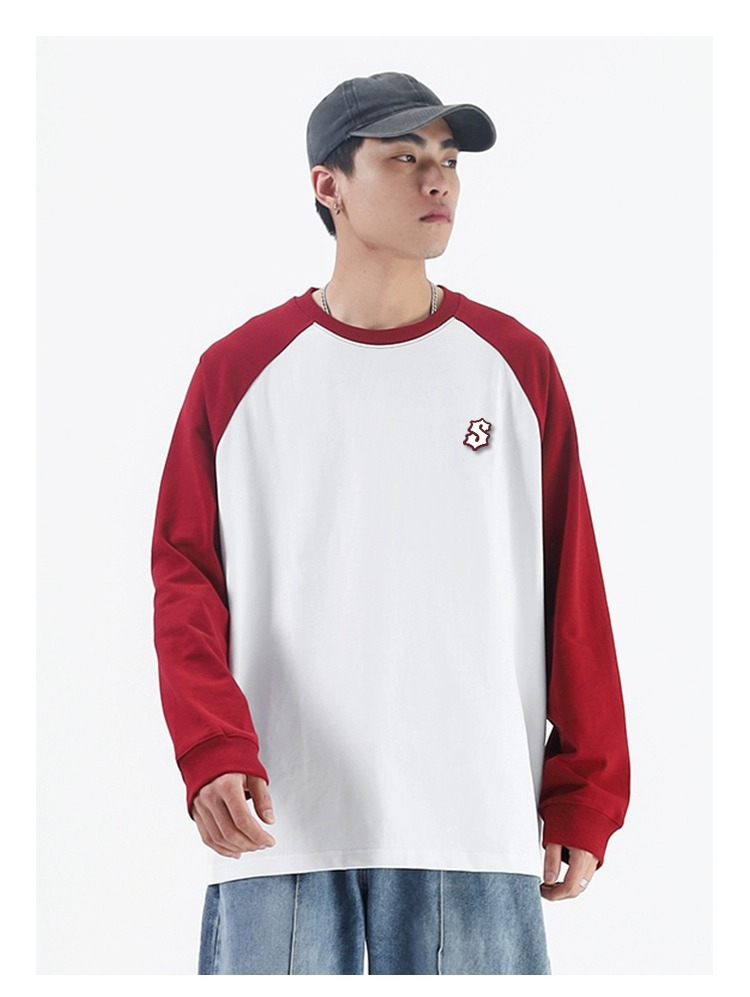 Mann kleidung der Schwere Klett stickerei langarm T-shirt jungen mode marke reine baumwolle lose paar_voghion.com