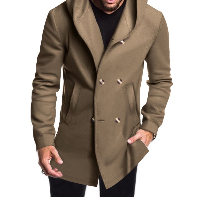 Nuovo trench casual da uomo, di media lunghezza, slim fit, con cappuccio, tinta unita_voghion.com