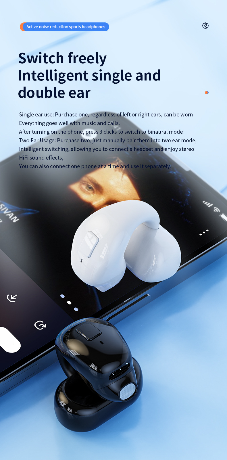 Écouteurs à pince Bluetooth NK100P Casque mono-oreillette non intra-auriculaire pour le sport et les affaires_voghion.com