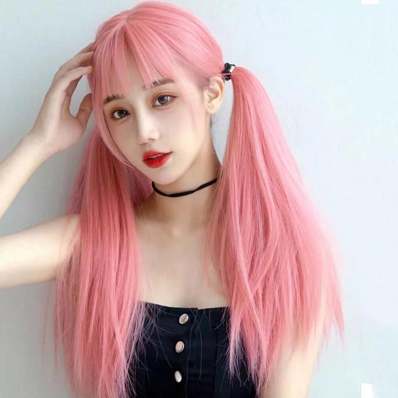 Internetkändisperuk kvinna långt hår rosa lugg Lolita daglig ansiktsreparation cos rakt hår naturligt fullt huvudbonad_voghion.com