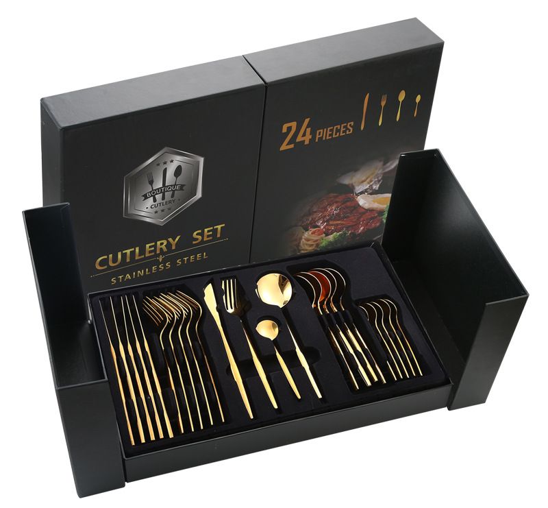 Juego de cubiertos de acero inoxidable de 24 piezas: cuchillos, tenedores y cucharas para carne, en una elegante caja de regalo._voghion.com