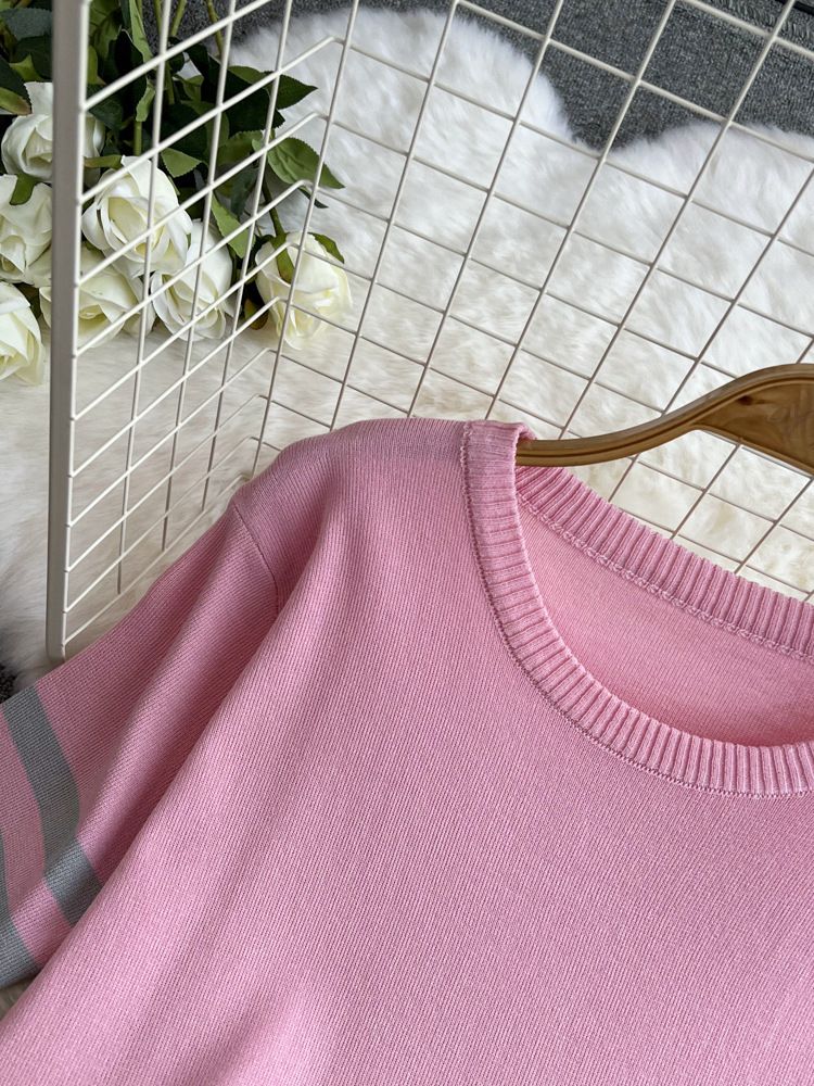 2024 Nuevo traje de moda para mujer primavera estilo coreano cuello en V suelto contraste de color tejido de dos piezas cintura alta pantalones de pierna ancha_voghion.com