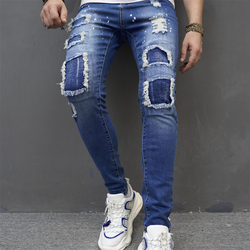 Jeans costurado tecido patch irregular calças plissadas tendência estilo clássico masculino_voghion.com
