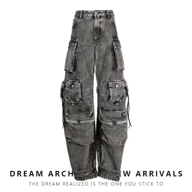 Women'S Street trendy new style fashionable smoky gray spliced multi-pocket overalls street washed and distressed long wide-leg pants_voghion.com