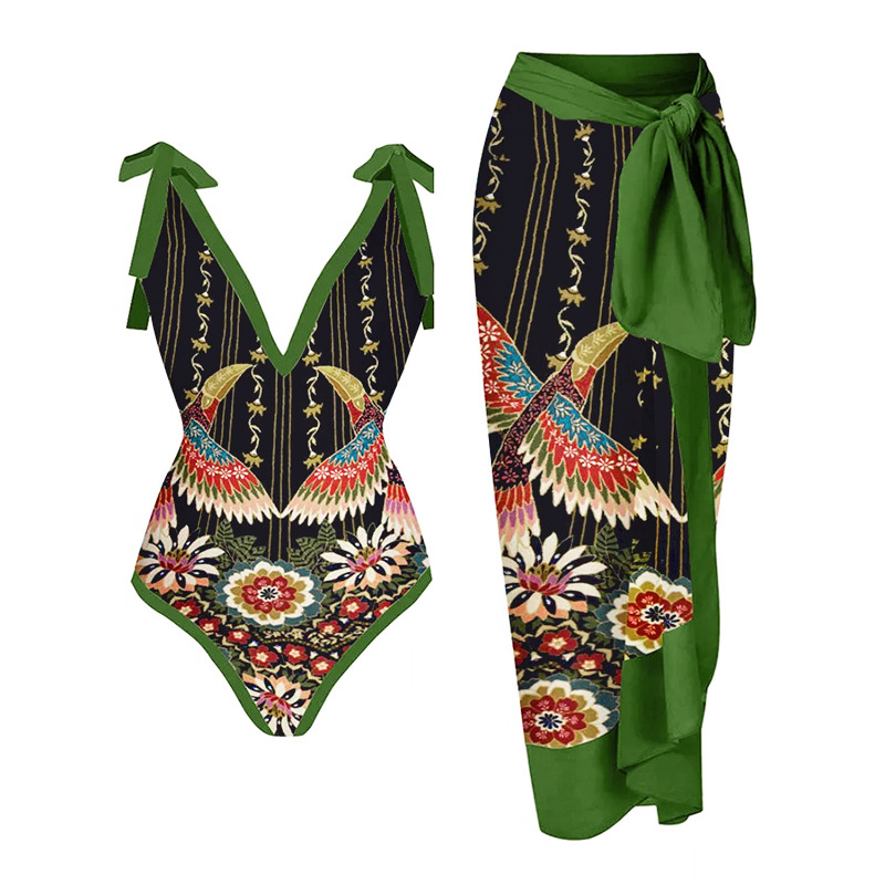 Tengwei 2023 Ins-Stil gedréckte Badekostüm konservative Badekostüm Frae grouss Polyester gedréckte Strandrock Set_voghion.com