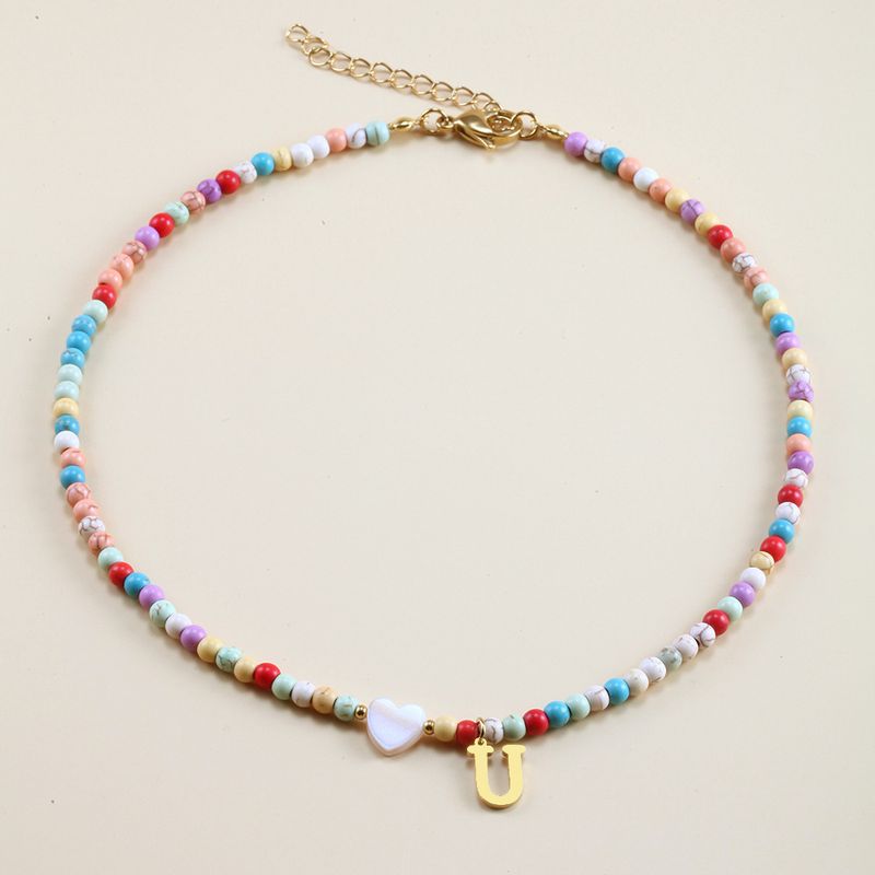 Vendita calda transfrontaliera in acciaio inossidabile oro 26 lettera inglese ciondolo conchiglia amore colore misto turchese collana fai da te clavicola_voghion.com