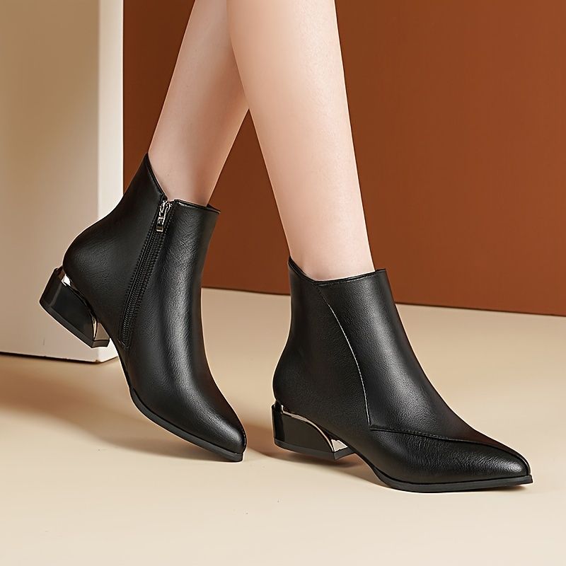 Chunky lågklackade ankelstövlar för damer, spetsiga stövlar med dragkedjor i sidorna, Casual All-Match Short Boots_voghion.com