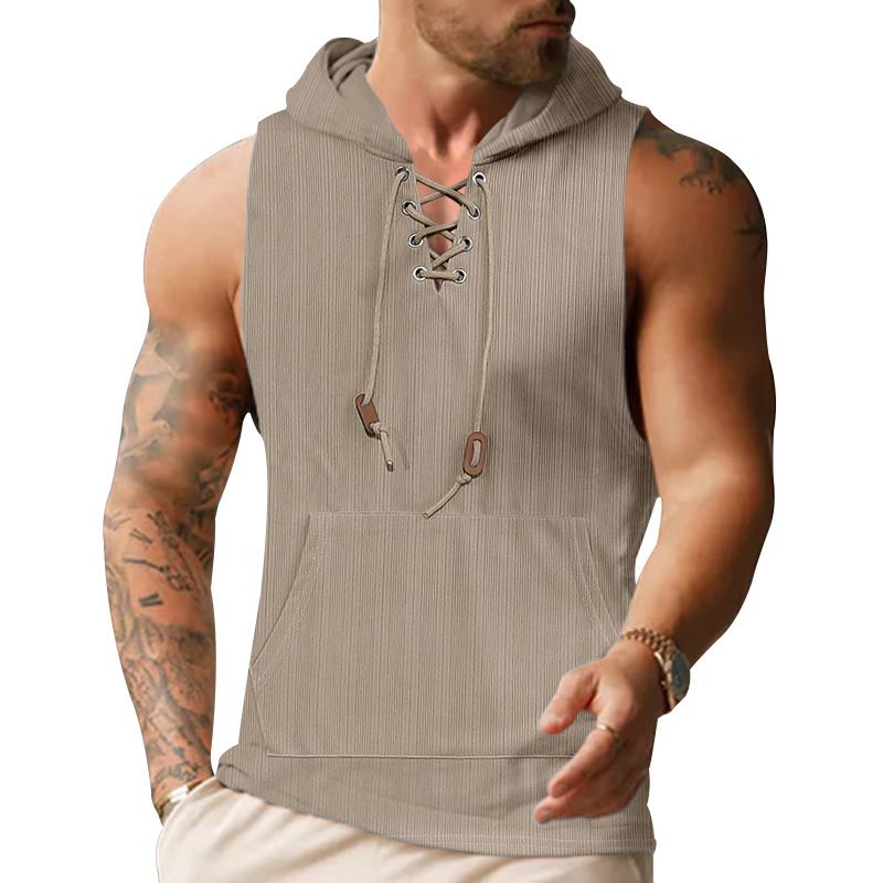 Camiseta sin mangas nueva para hombre, de moda, de sección delgada, informal, con capucha, de color sólido, con lazo, camiseta interior_voghion.com