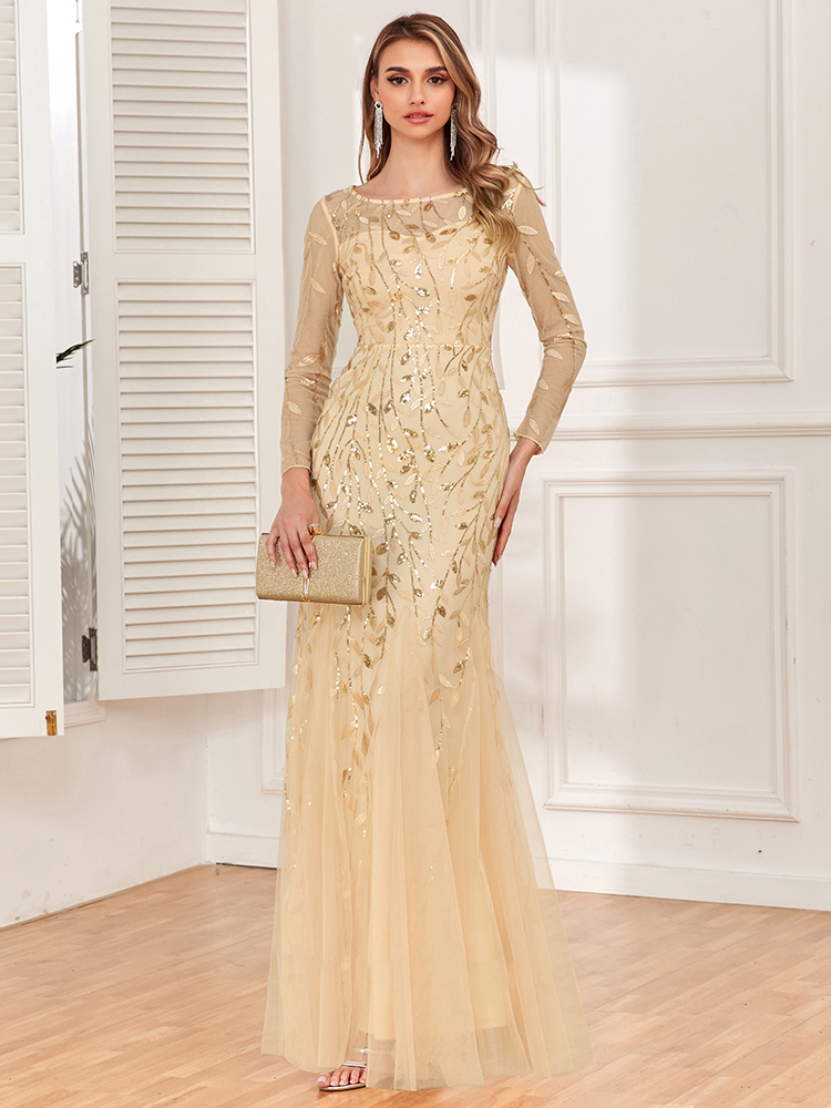 2023 heißer Verkauf Meerjungfrau Abendkleider Oansatz Volle Hülse Tüll Stickerei Lange Party Kleid Elegante Formale Kleid_voghion.com